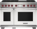 Wolf 48&quot; 6 Burner Dual Fuel Range with Infrared Griddle (DF48650G/WH/P) featuring white accent colored door and signature red Wolf knobs.