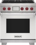 Wolf 30&quot; 4 Burner Dual Fuel Range (DF30450/S/P) featuring white accent colored door and signature red Wolf knobs.