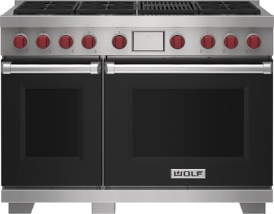 Wolf 48&quot; 6 Burner Dual Fuel Range with Infrared Charbroiler (DF48650C/BK/P) featuring black accent colored door and signature red Wolf knobs.