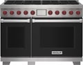 Wolf 48" 8 Burner Dual Fuel Range (DF48850/BK/P) featuring black accent colored door and signature red Wolf knobs.