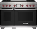 Wolf 48&quot; 4 Burner Dual Fuel Range with Infrared Dual Griddle (DF48450DG/BK/P) featuring black accent colored door and signature red Wolf knobs.