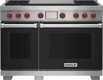 Wolf 48&quot; 4 Burner Dual Fuel Range with Infrared Dual Griddle (DF48450DG/BK/P) featuring black accent colored door and signature red Wolf knobs.