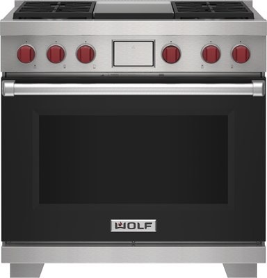Wolf 36&quot; 4 Burner Dual Fuel Range with Infrared Griddle (DF36450G/BK/P) featuring black accent colored door and signature red Wolf knobs.