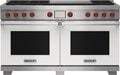 Wolf 60&quot; 6 Burner Dual Fuel Range with Infrared Dual Griddle (DF60650DG/WH/P) featuring white accent colored door and signature red Wolf knobs.