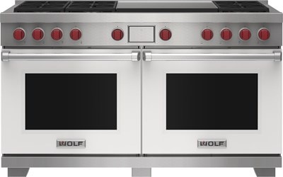Wolf 60&quot; 6 Burner Dual Fuel Range with Infrared Dual Griddle (DF60650DG/WH/P) featuring white accent colored door and signature red Wolf knobs.