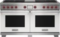 Wolf 60&quot; 6 Burner Dual Fuel Range with Infrared Charbroiler and Griddle (DF60650CG/WH/P) featuring white accent colored door and signature red Wolf knobs.