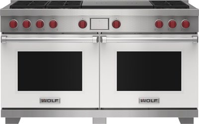 Wolf 60&quot; 6 Burner Dual Fuel Range with French Top (DF60650F/WH/P) featuring white accent colored door and signature red Wolf knobs.