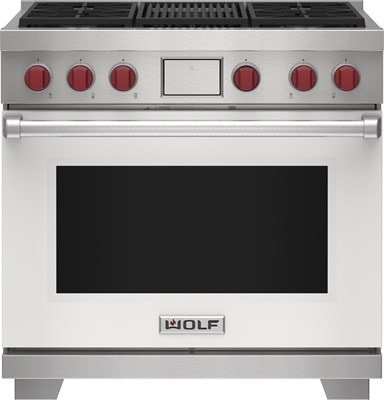 Wolf 36" 4 Burner Dual Fuel Range with Infrared Charbroiler (DF36450C/WH/P) featuring white accent colored door and signature red Wolf knobs.