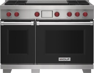 Wolf 48" 4 Burner Dual Fuel Range with French Top (DF48450F/BK/P) featuring black accent colored door and signature red Wolf knobs.