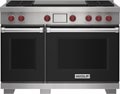 Wolf 48" 4 Burner Dual Fuel Range with French Top (DF48450F/BK/P) featuring black accent colored door and signature red Wolf knobs.