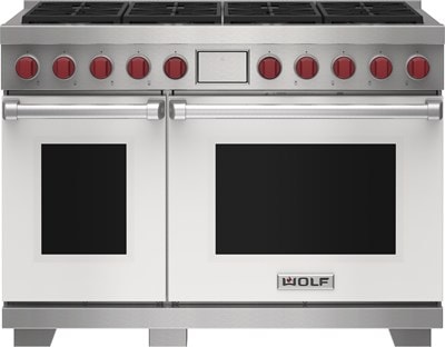 Wolf 48" 8 Burner Dual Fuel Range (DF48850/WH/P) featuring white accent colored door and signature red Wolf knobs.
