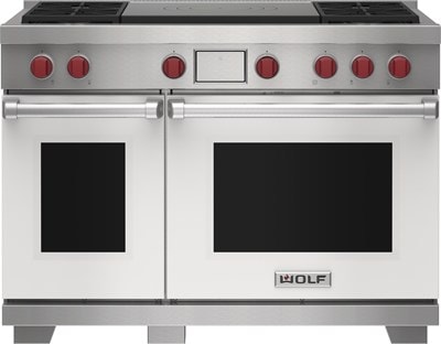 Wolf 48" 4 Burner Dual Fuel Range with French Top (DF48450F/WH/P) featuring white accent colored door and signature red Wolf knobs.
