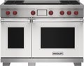 Wolf 48" 4 Burner Dual Fuel Range with French Top (DF48450F/WH/P) featuring white accent colored door and signature red Wolf knobs.