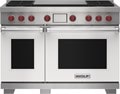 Wolf 48" 4 Burner Dual Fuel Range with Infrared Dual Griddle (DF48450DG/WH/P) featuring white accent colored door and signature red Wolf knobs.