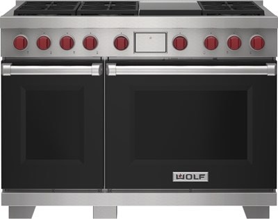 Wolf 48&quot; 6 Burner Dual Fuel Range with Infrared Griddle (DF48650G/BK/P) featuring black accent colored door and signature red Wolf knobs.
