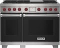 Wolf 48&quot; 6 Burner Dual Fuel Range with Infrared Griddle (DF48650G/BK/P) featuring black accent colored door and signature red Wolf knobs.