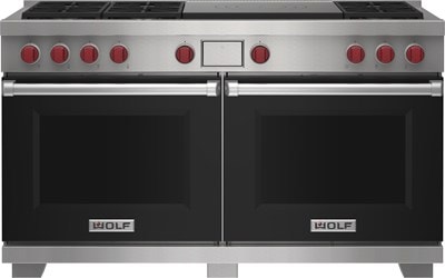 Wolf 60&quot; 6 Burner Dual Fuel Range with French Top (DF60650F/BK/P) featuring black accent colored door and signature red Wolf knobs.