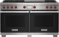 Wolf 60&quot; 6 Burner Dual Fuel Range with French Top (DF60650F/BK/P) featuring black accent colored door and signature red Wolf knobs.