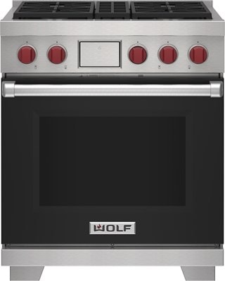 Wolf 30&quot; 4 Burner Dual Fuel Range (DF30450/S/P) featuring black accent colored door and signature red Wolf knobs.