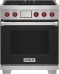 Wolf 30&quot; 4 Burner Dual Fuel Range (DF30450/S/P) featuring black accent colored door and signature red Wolf knobs.