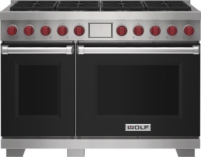 Wolf 48&quot; 8 Burner Dual Fuel Range (DF48850/BK/P) featuring black accent colored door and signature red Wolf knobs.