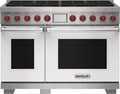 Wolf 48&quot; 8 Burner Dual Fuel Range (DF48850/WH/P) featuring white accent colored door and signature red Wolf knobs.