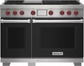 Wolf 48&quot; 4 Burner Dual Fuel Range with Infrared Charbroiler and Griddle (DF48450CG/BK/P) featuring black accent colored door and signature red Wolf knobs.