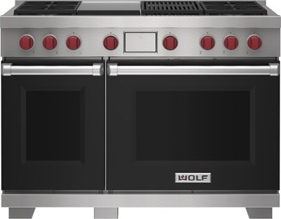 Wolf 48&quot; 4 Burner Dual Fuel Range with Infrared Charbroiler and Griddle (DF48450CG/BK/P) featuring black accent colored door and signature red Wolf knobs.