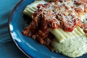 Manicotti with Egglant and Red Pepper Sauce