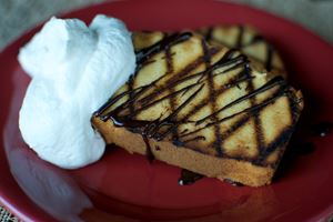 Grilled Poundcake with Chocolate Sauce and Whipped Cream