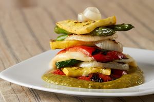 Grilled Vegetable Stack with Oaxaca Cheese and Tomatillo Lime Avocado Sauce