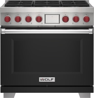 Wolf 36" 6 Burner Dual Fuel Range (DF36650/BK/P) featuring black accent colored door and signature red Wolf knobs.