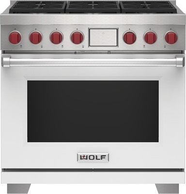 Wolf 36" 6 Burner Dual Fuel Range (DF36650/WH/P) featuring white accent colored door and signature red Wolf knobs.