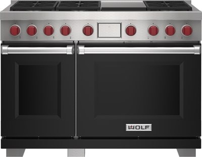 Wolf 48" 6 Burner Dual Fuel Range with Infrared Griddle (DF48650G/BK/P) featuring black accent colored door and signature red Wolf knobs.