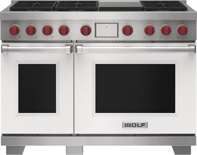 Wolf 48" 6 Burner Dual Fuel Range with Infrared Griddle (DF48650G/WH/P) featuring white accent colored door and signature red Wolf knobs.