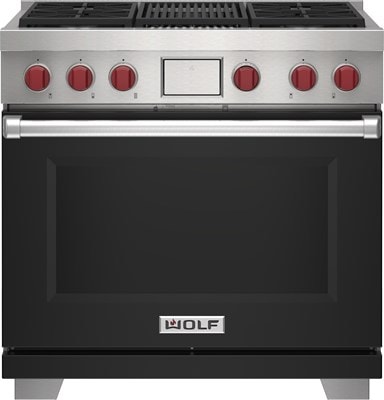 Wolf 36" 4 Burner Dual Fuel Range with Infrared Charbroiler (DF36450C/BK/P) featuring black accent colored door and signature red Wolf knobs.