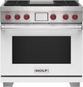 Wolf 36" 4 Burner Dual Fuel Range with Infrared Griddle (DF36450G/WH/P) featuring white accent colored door and signature red Wolf knobs.