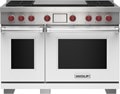 Wolf 48" 4 Burner Dual Fuel Range with Infrared Dual Griddle (DF48450DG/WH/P) featuring white accent colored door and signature red Wolf knobs.