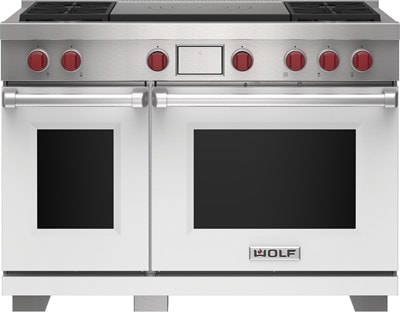 Wolf 48" 4 Burner Dual Fuel Range with French Top (DF48450F/WH/P) featuring white accent colored door and signature red Wolf knobs.