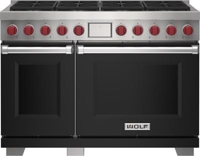 Wolf 48" 8 Burner Dual Fuel Range (DF48850/BK/P) featuring black accent colored door and signature red Wolf knobs.