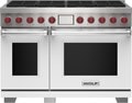 Wolf 48" 8 Burner Dual Fuel Range (DF48850/WH/P) featuring white accent colored door and signature red Wolf knobs.