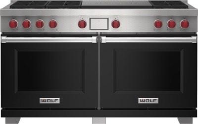 Wolf 60" 6 Burner Dual Fuel Range with French Top (DF60650F/BK/P) featuring black accent colored door and signature red Wolf knobs.