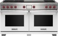 Wolf 60" 6 Burner Dual Fuel Range with French Top (DF60650F/WH/P) featuring white accent colored door and signature red Wolf knobs.