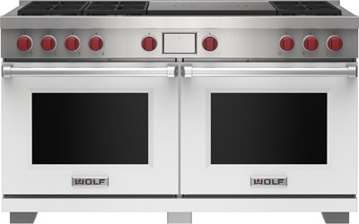 Wolf 60" 6 Burner Dual Fuel Range with French Top (DF60650F/WH/P) featuring white accent colored door and signature red Wolf knobs.