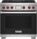 Wolf 36&quot; 4 Burner Dual Fuel Range with Infrared Charbroiler (DF36450C/BK/P) featuring black accent colored door and signature red Wolf knobs.