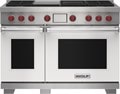Wolf 48&quot; 4 Burner Dual Fuel Range with Infrared Charbroiler and Griddle (DF48450CG/WH/P) featuring white accent colored door and signature red Wolf knobs.