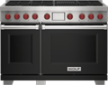 Wolf 48" 6 Burner Dual Fuel Range with Infrared Charbroiler (DF48650C/BK/P) featuring black accent colored door and signature red Wolf knobs.