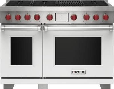 Wolf 48" 6 Burner Dual Fuel Range with Infrared Charbroiler (DF48650C/WH/P) featuring white accent colored door and signature red Wolf knobs.