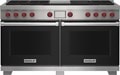Wolf 60" 6 Burner Dual Fuel Range with Infrared Charbroiler and Griddle (DF60650CG/BK/P) featuring black accent colored door and signature red Wolf knobs.