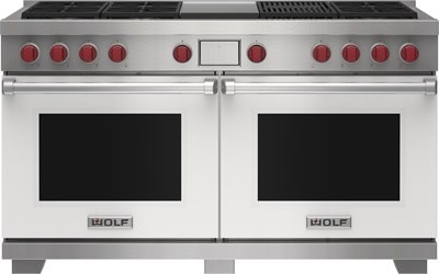 Wolf 60" 6 Burner Dual Fuel Range with Infrared Charbroiler and Griddle (DF60650CG/WH/P) featuring white accent colored door and signature red Wolf knobs.
